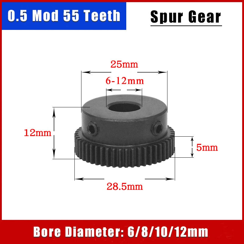 0.5 Mod 55 Teeth Spur Gear With Step Bore 6/8/10/12mm Motor Transmission Gears