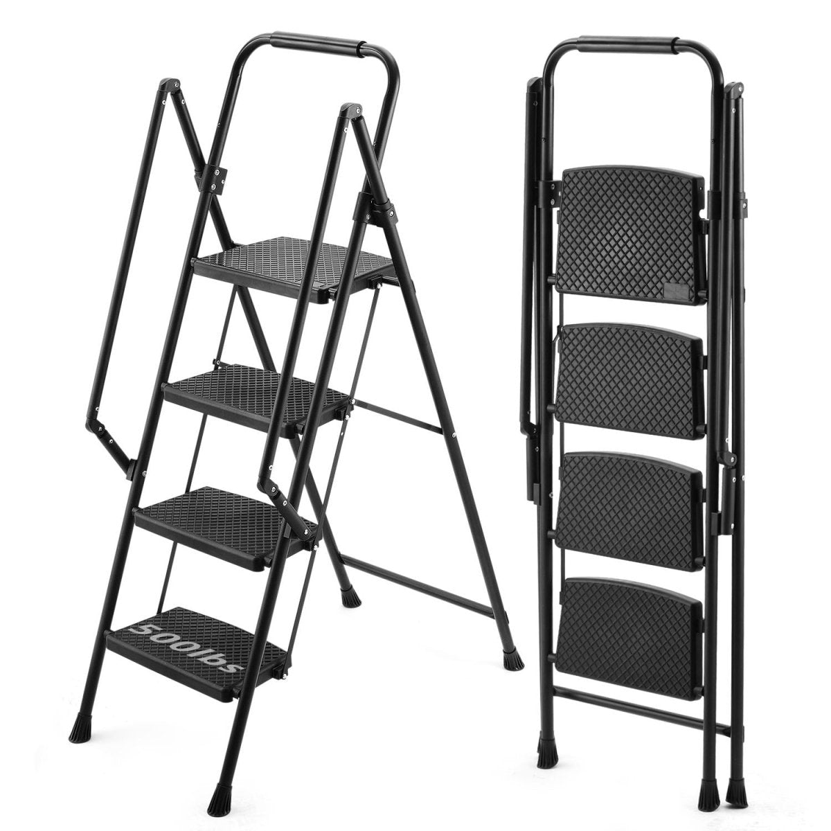Four step ladder, lightweight folding four step stool, wide anti slip pedal and safety handle, sturdy steel ladder, multi - purpose step ladder, suitable for home, kitchen, and office elevators - HomeDIYer