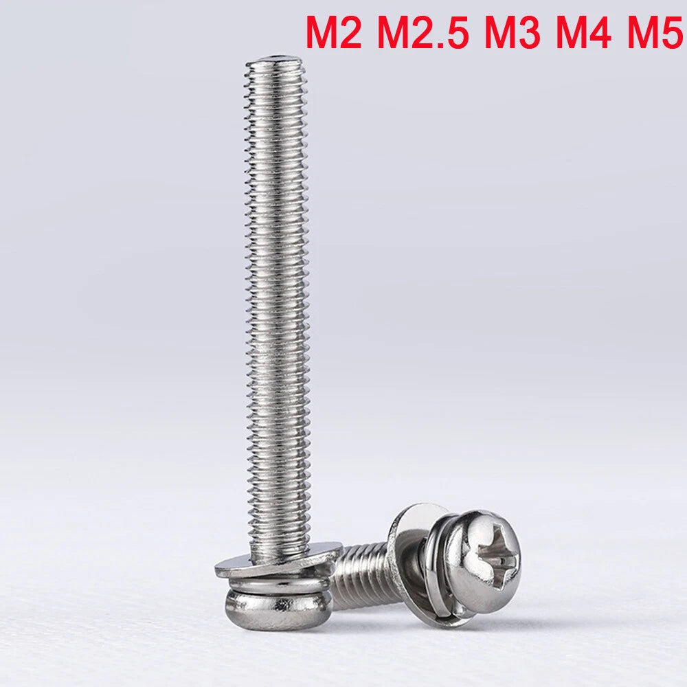 M2–M10 Phillips Pan Head Sems Screws – 304 Stainless Steel with Pre‑Assembled Spring & Flat Washers