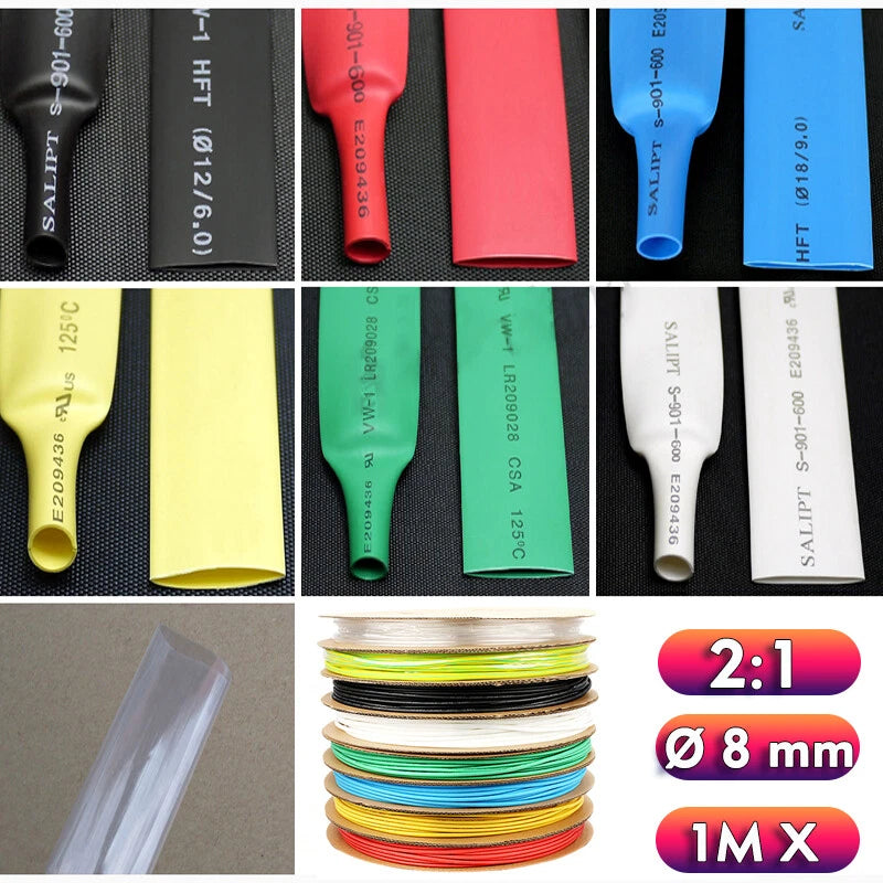 Heat Shrink Tubing φ8mm — Electrical Sleeving for Cable & Wire, 7 Colors