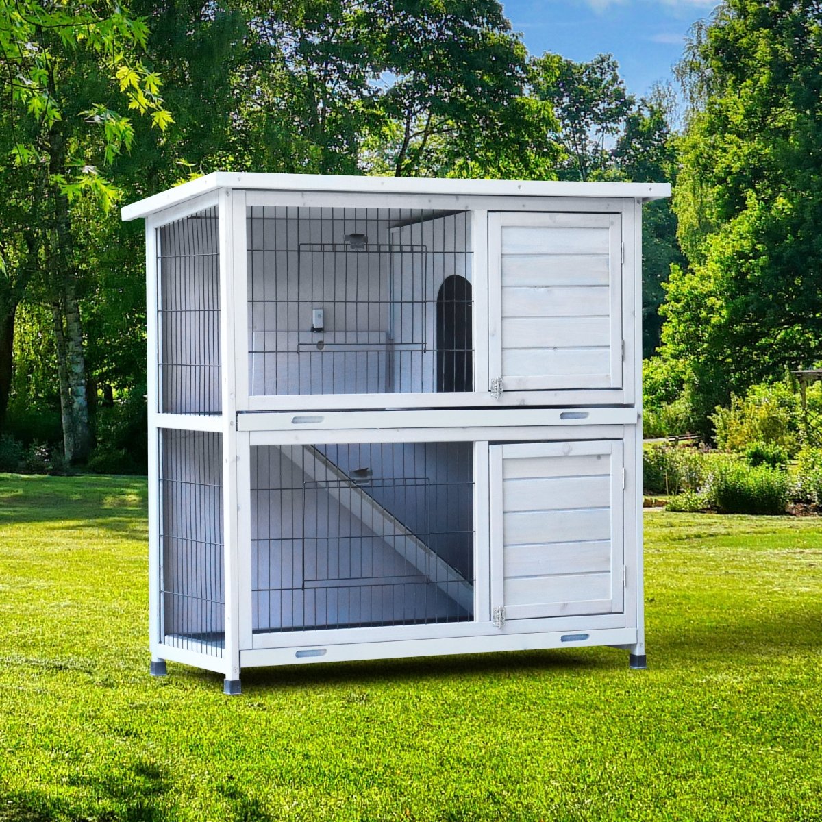 Rabbit Hutch Outdoor, 2 - Story Rabbit Cage Indoor with Run, Bunny Cage with 2 Removable No - Leak Trays, Pet Cages with Non - Slip Ramp, Waterproof Roof, Fence, for Small Animals - HomeDIYer