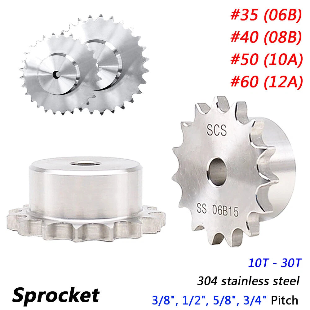 Pitch 3/8" to 3/4" Stainless Steel Sprockets 10T-30T for #35 - #60 Roller Chains