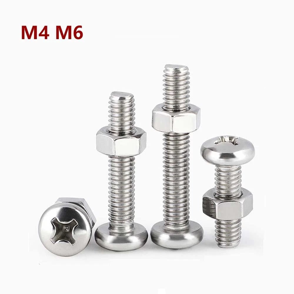 M4 & M6 Phillips Pan Head Machine Screws with Hex Nuts | A2 304 Stainless Steel, 5mm–120mm - HomeDIYer