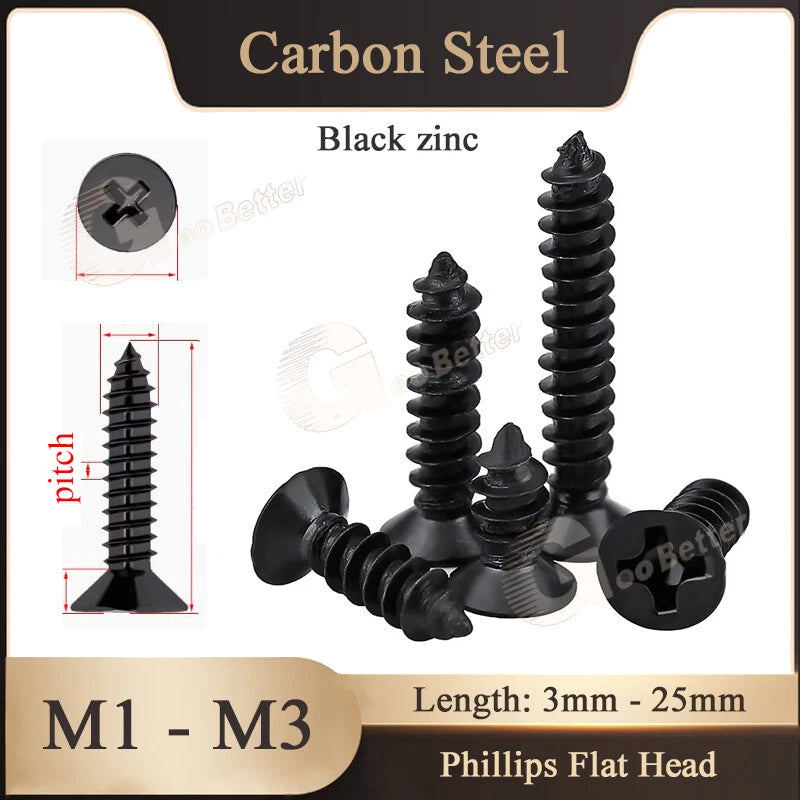 M1 M1.2 M1.4 M1.7 M2 M2.3 M2.6 M3 Flat Countersunk Self‑Tapping Screws – Black Zinc Carbon Steel