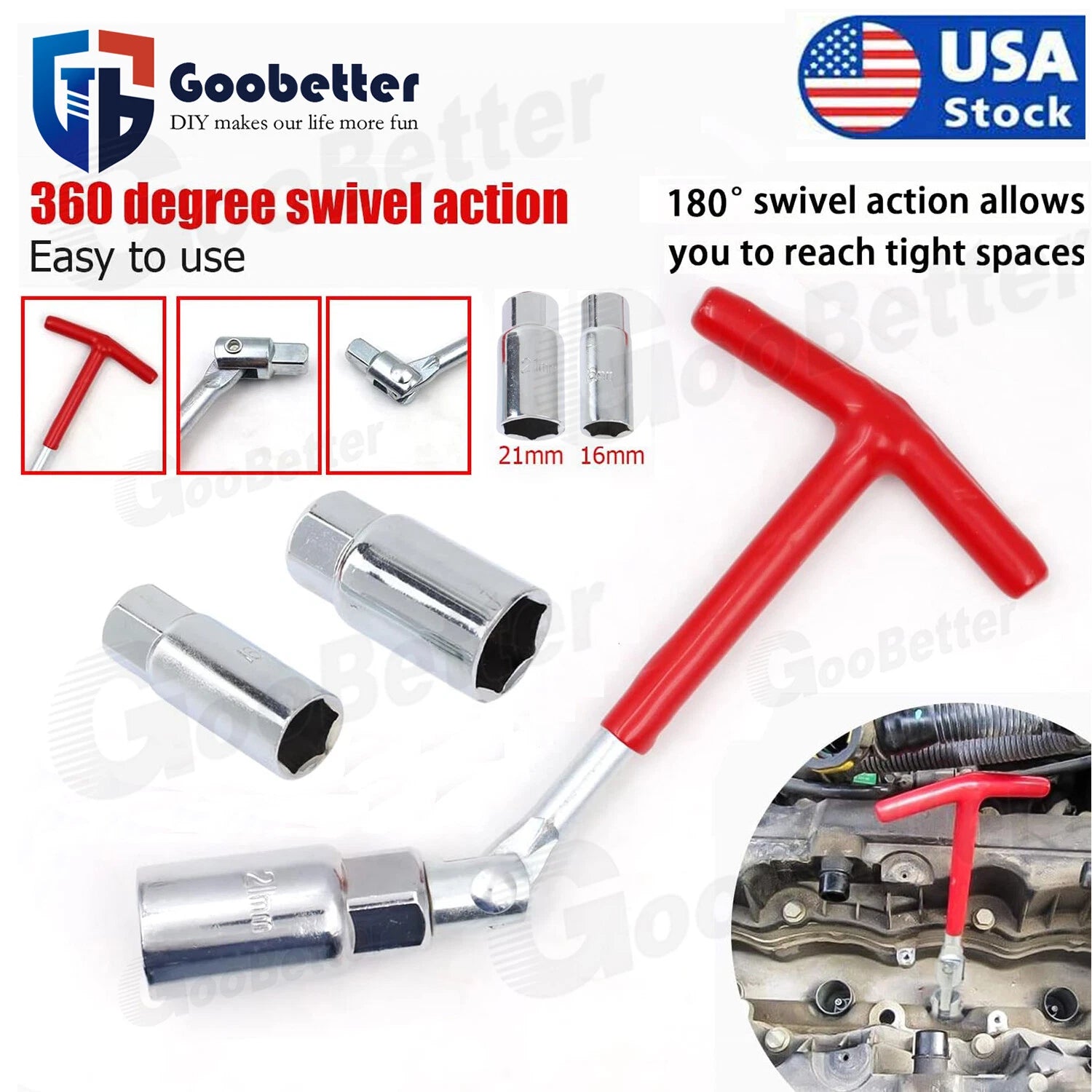 3PCS Spark Plug Removal Tool 16 21mm T-Handle Flexible Spanner Socket Wrench Set