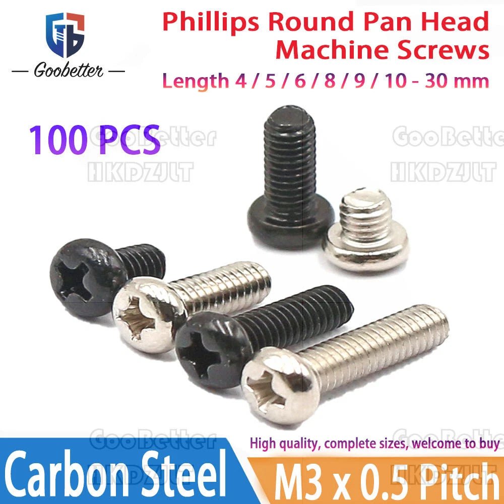 M3 Phillips Round Pan Head Machine Screws — Carbon Steel, 4–30mm, 100–500 PCS - HomeDIYer
