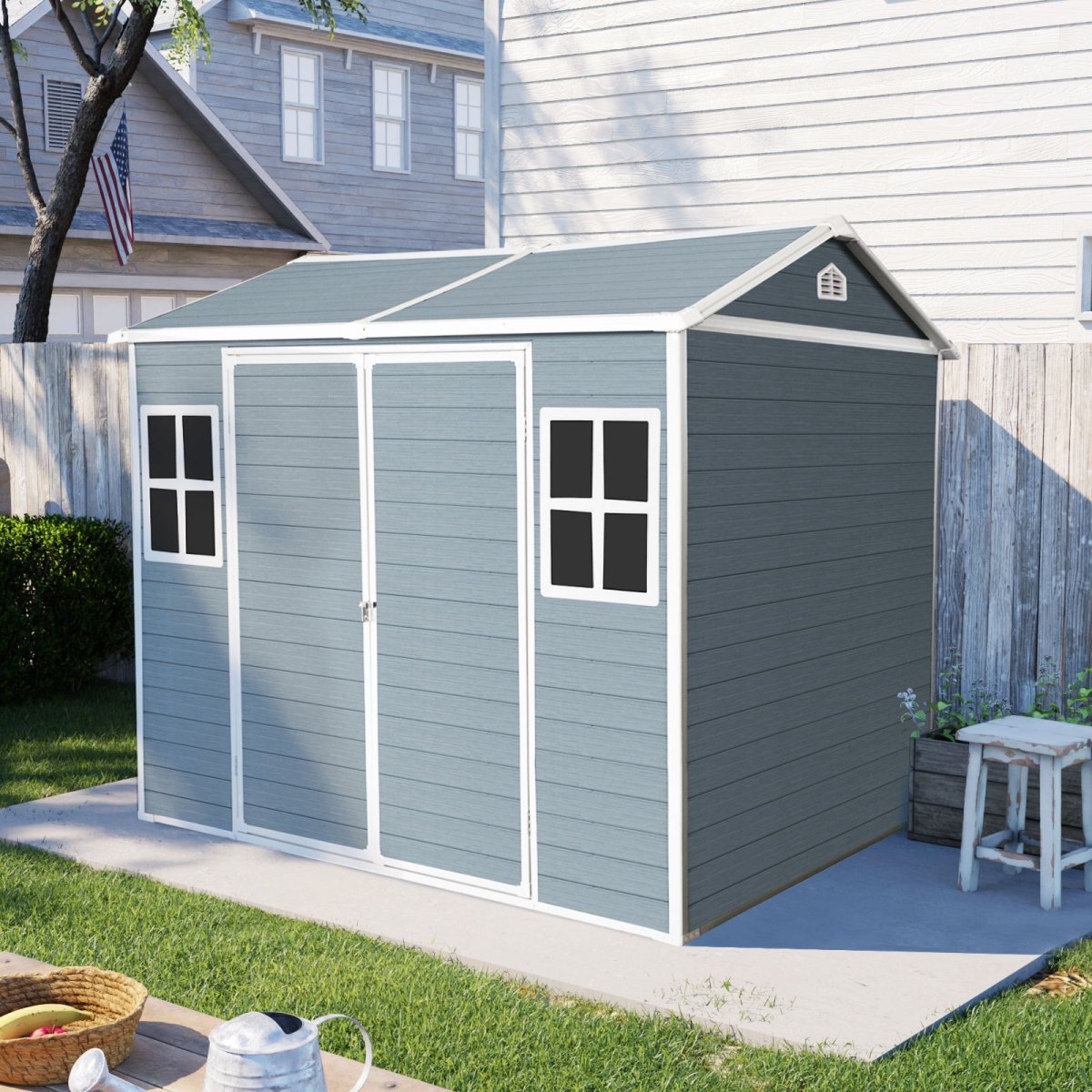 8 x 6 ft Resin Outdoor Storage Shed Waterproof Shed with Floor & Two Windows & Lockable Door, Tool Shed for Garden, Patio, Backyard,Gray - HomeDIYer