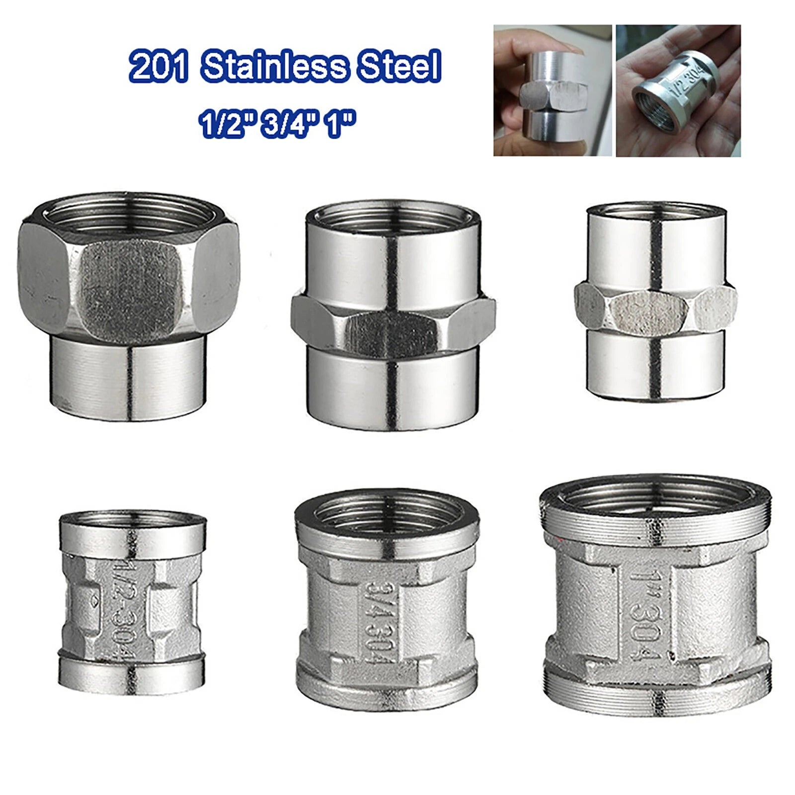 201 Stainless Steel Pipe Fittings — Female Socket Coupler Adapters (1/2", 3/4", 1")