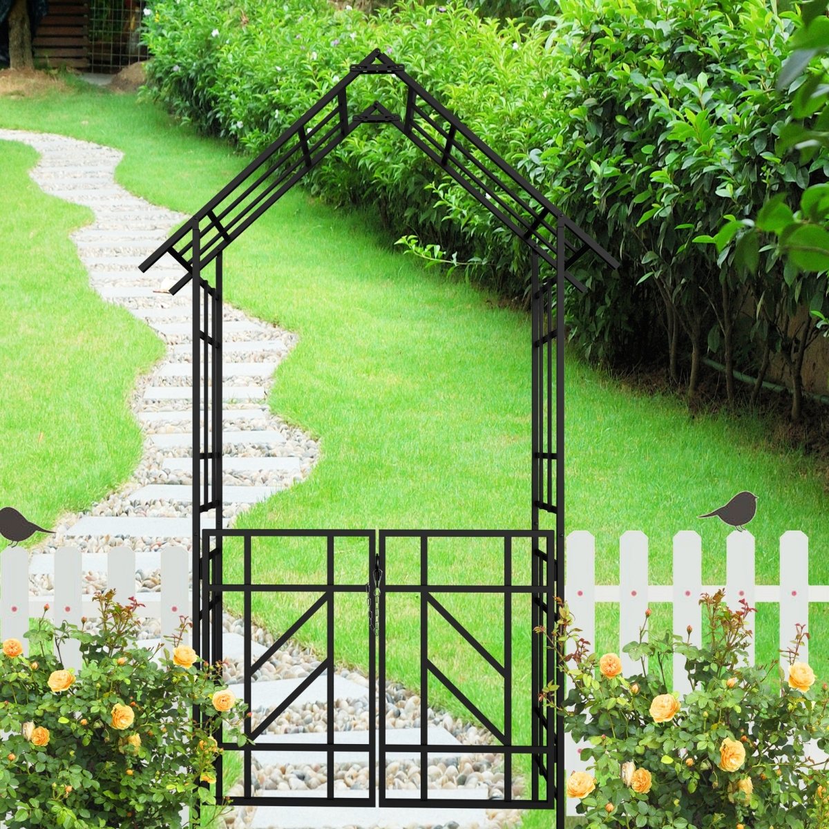Metal Garden Arch with Gate W58.07*H97.24 Climbing Plants Support Rose Arch Outdoor Black - HomeDIYer
