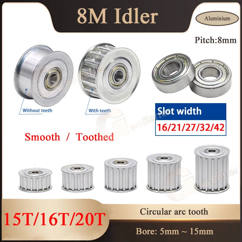 8M Smooth/Toothed Idler Pulley 15T/16T/20T Bore 5mm-15mm Slot 16/21/27/32/42mm
