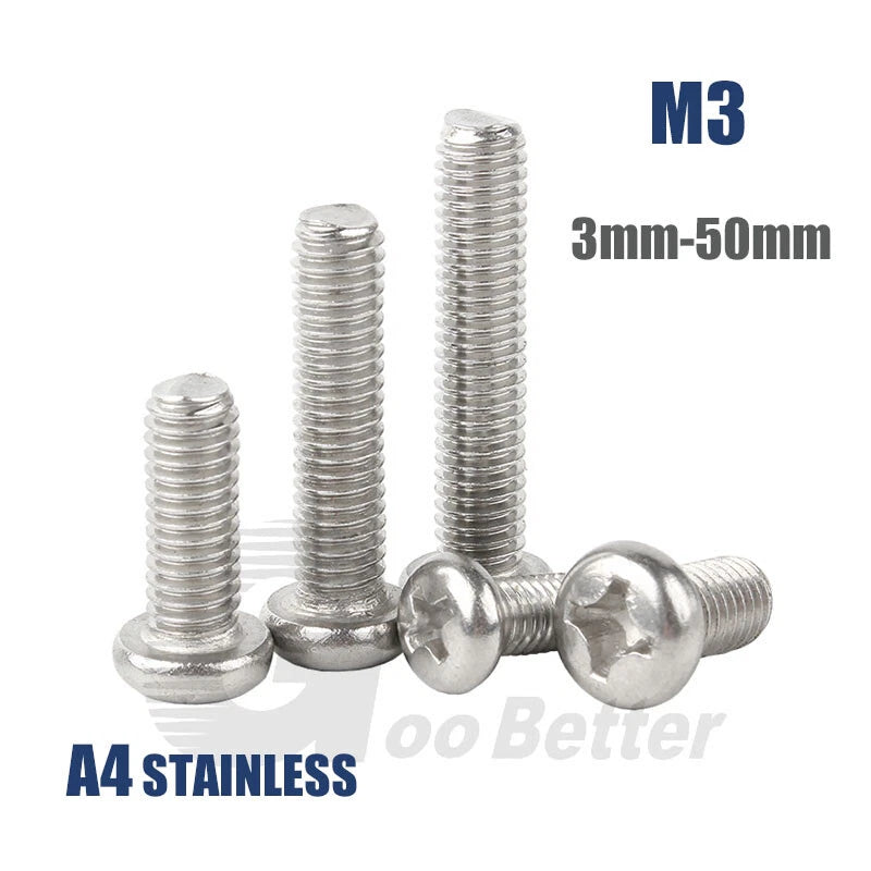 M3 A4 Stainless Steel Phillips Pan Head Machine Screws – Flat Tail, Fully Threaded (3–50mm)