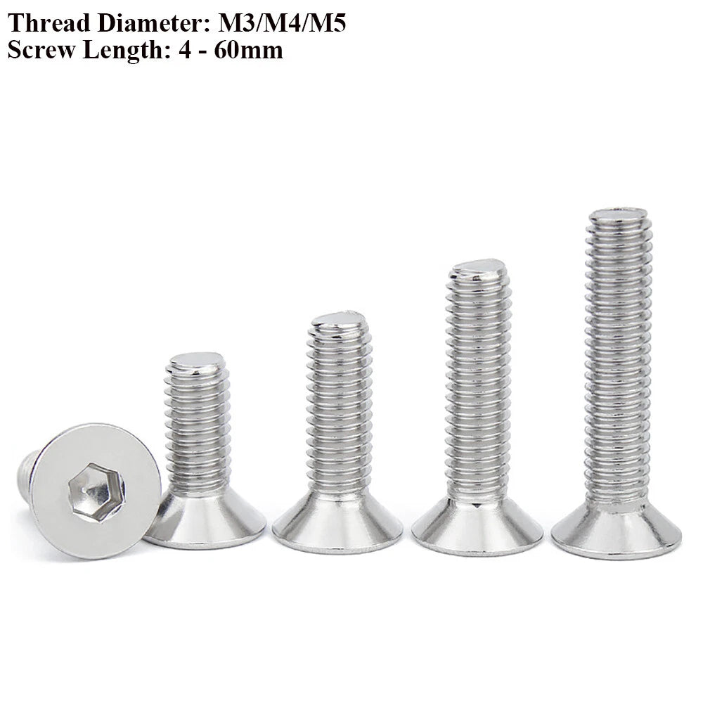 M3 M4 M5 Flat Head Socket Cap Screws — 316 A4 Stainless Steel, Allen Drive Countersunk