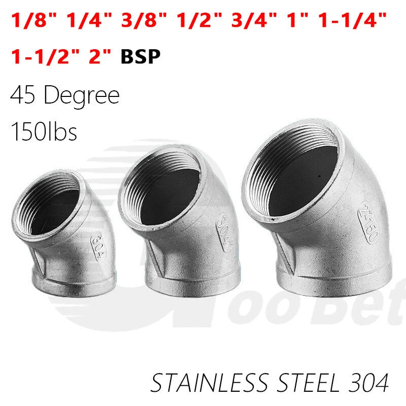 Stainless Steel 45° Elbow BSP Female Threaded Pipe Fitting — 304 SS, 1/8" to 2" (DN6–DN50)