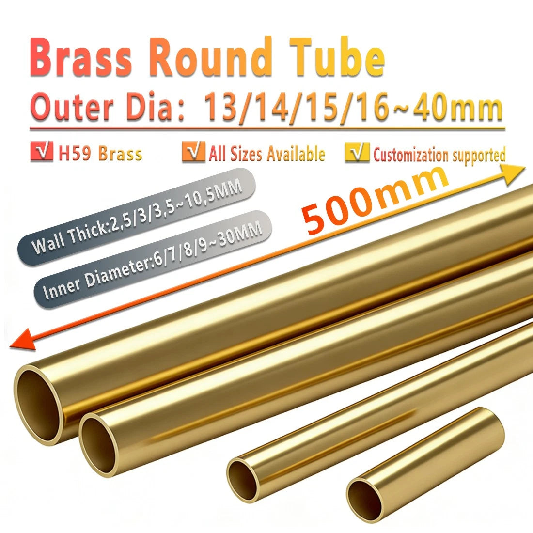 H59 Brass Round Tube 13–40mm OD × 500mm | Hollow Brass Pipe Tubing