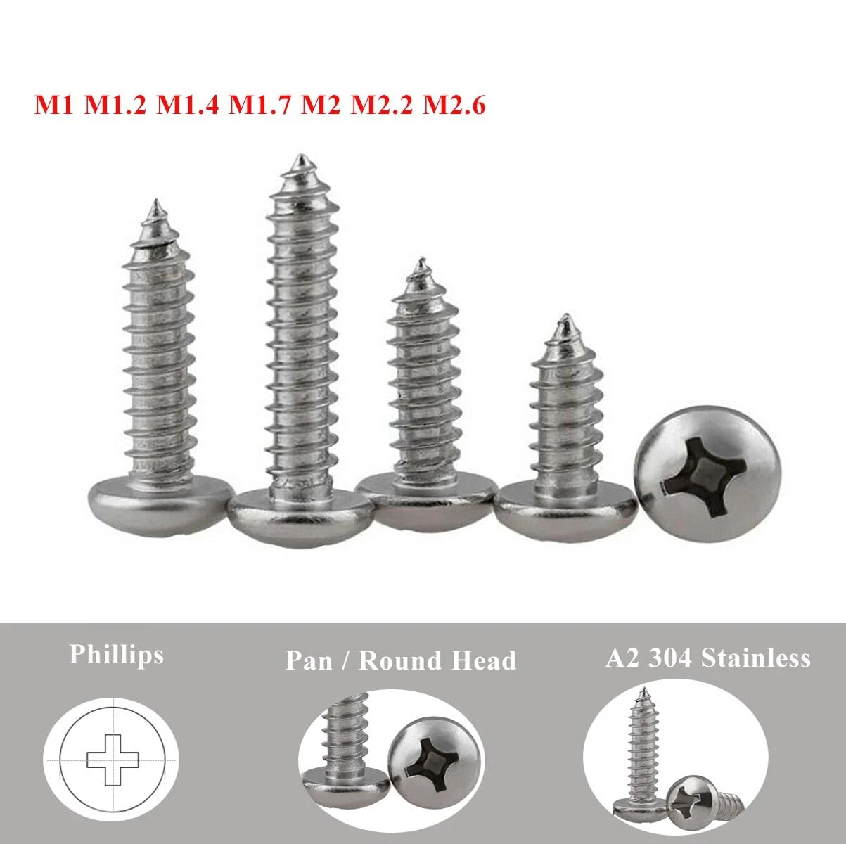 M1–M2.6 Phillips Pan Head Self Tapping Screws – 304 Stainless Steel