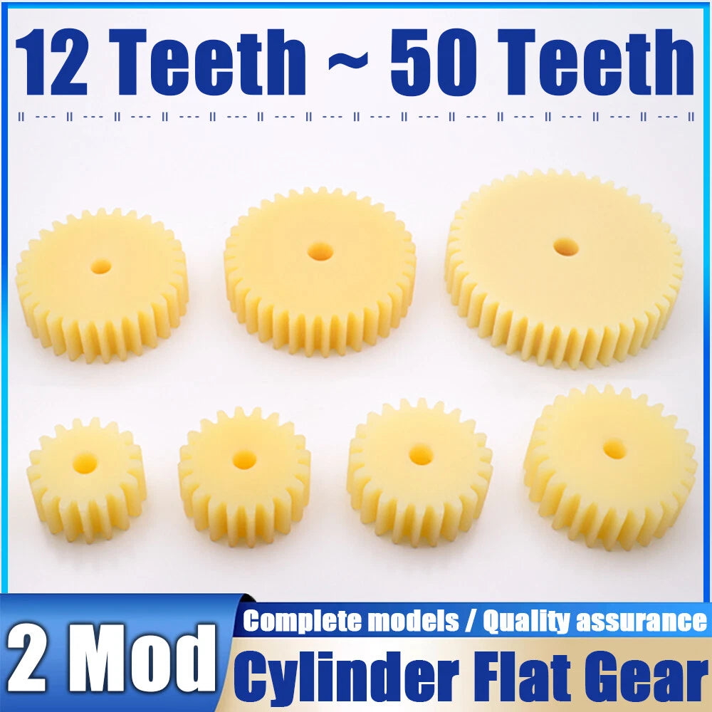 2 Module Plastic Nylon Spur Gear, Cylinder Flat Gears 12~50 Teeth, 6/8/10mm Bore