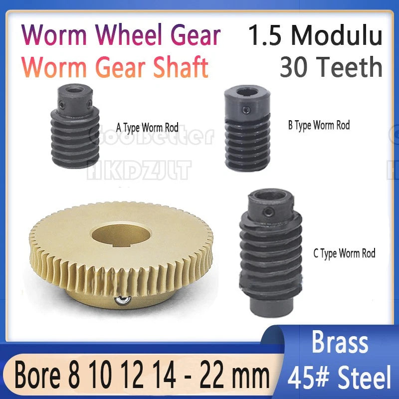 Mod 1.5 Worm Gear Wheel Brass 30 Tooth Worm Shaft 45# Steel Precision Ø 8-22 mm