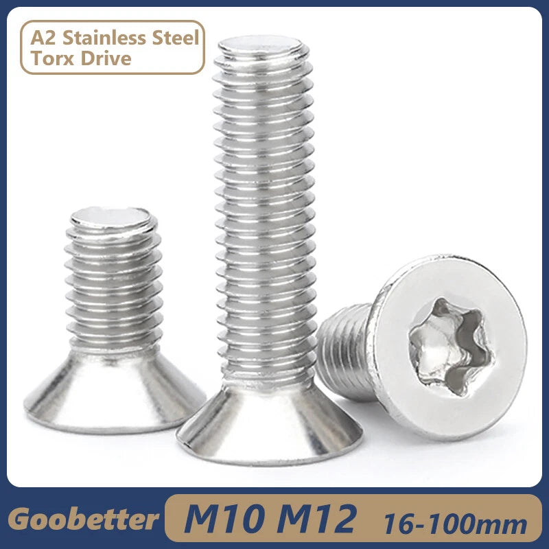 M10 M12 Countersunk Torx Machine Screws – A2 Stainless Steel, DIN 965, Fully Threaded (16–100mm Overall Length)