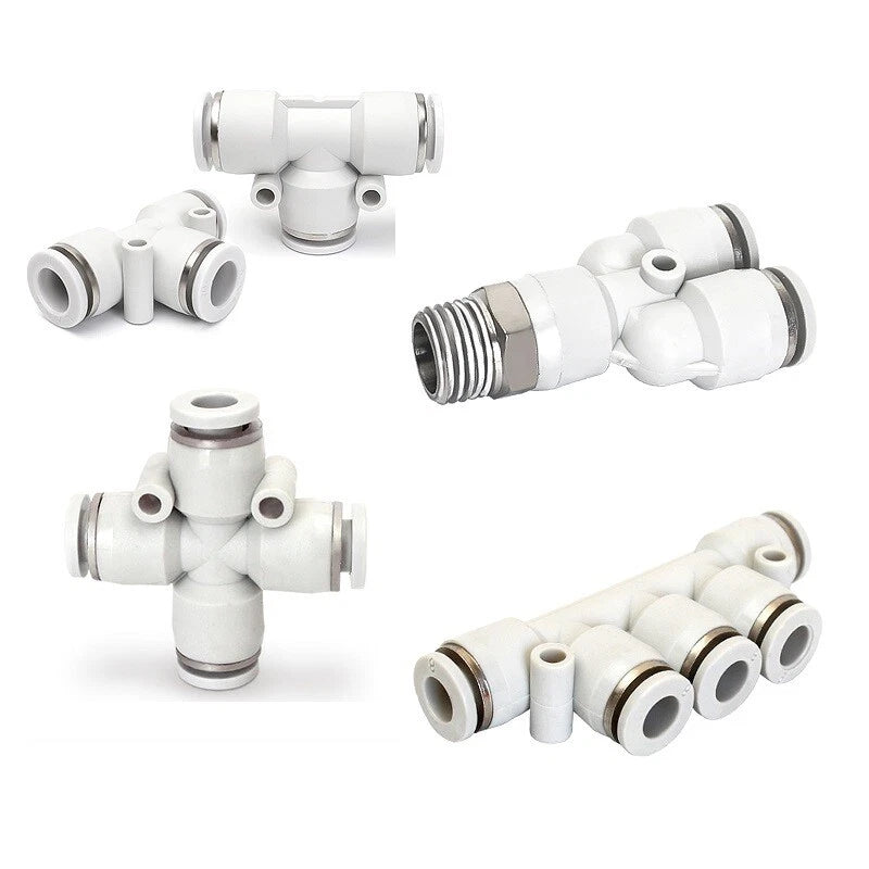 White Nylon Pneumatic Push-Fit Hose Connectors — X Shape, Y Shape, 5-Way & T Reducing