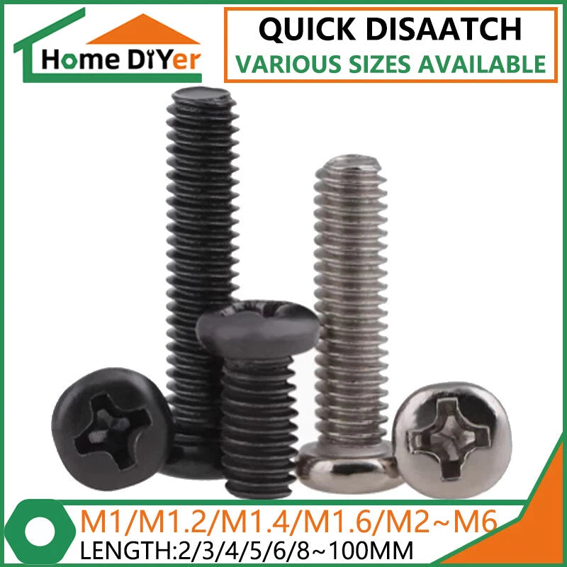 M1–M6 Phillips Pan Head Round Machine Screws – Carbon Steel, Fully Threaded (2–100mm Lengths)