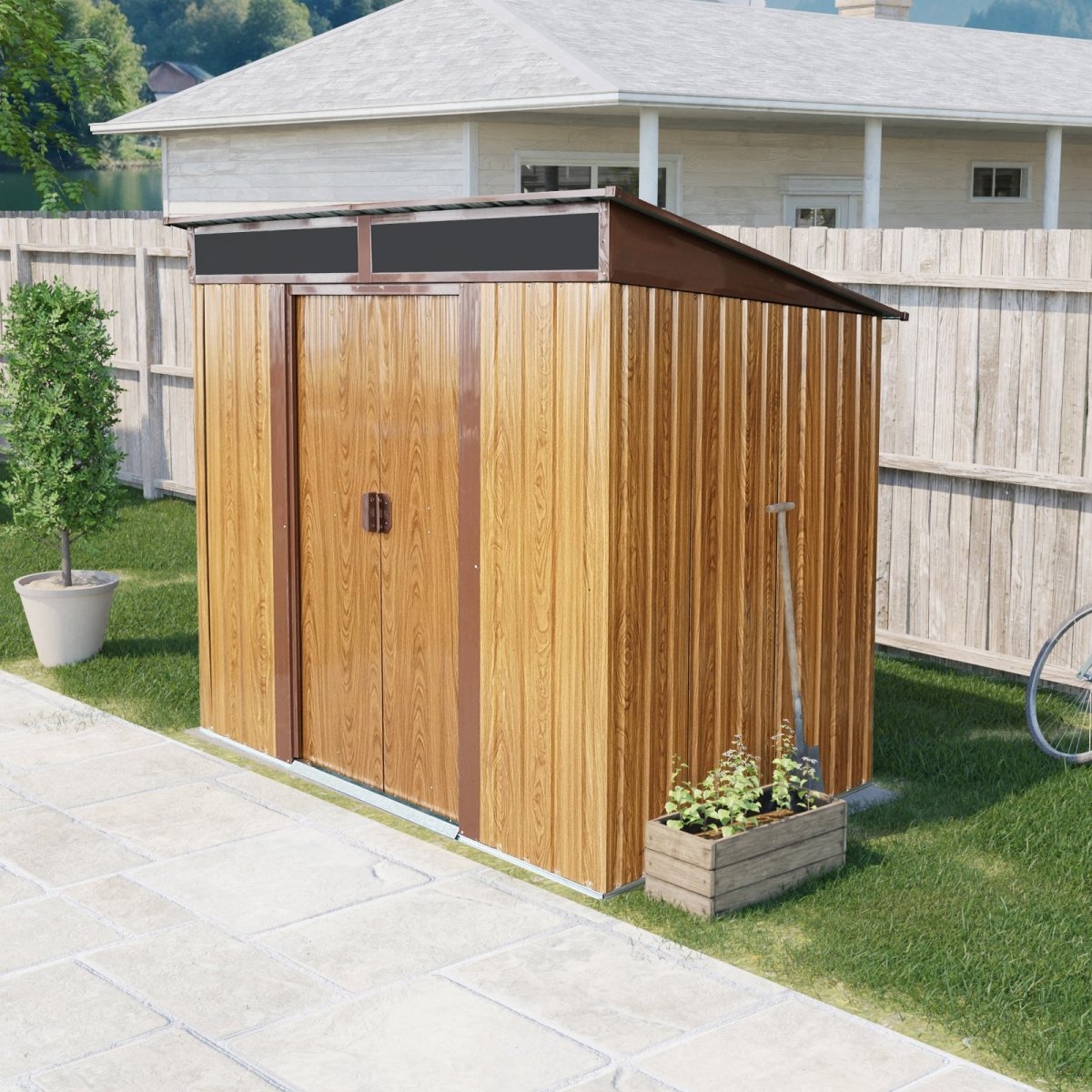 6ft x 5ft Outdoor Metal Storage with Transparent plate and Foundation for Backyard Garden Patio - Coffee - HomeDIYer