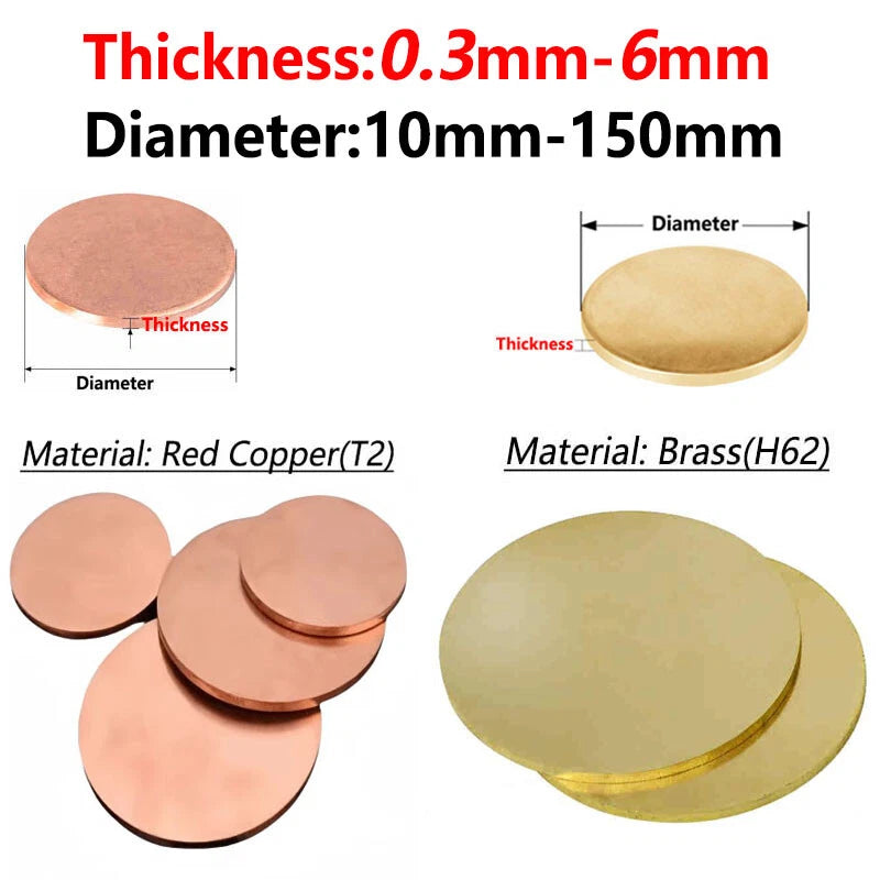 Brass/Red Copper Solids Discs Blanks Metal Round Sheets Thick0.3-6mm Dia 10-80mm