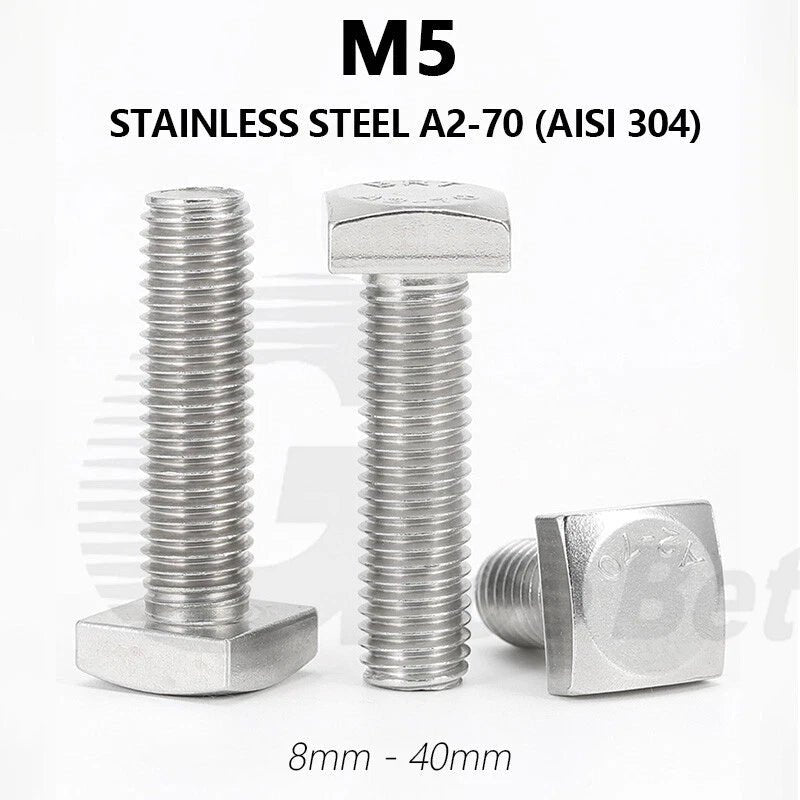 M5 T - Bolt Square Head Screws — Stainless Steel 304 (A2) for T - Slot Aluminum Extrusion Profiles - HomeDIYer