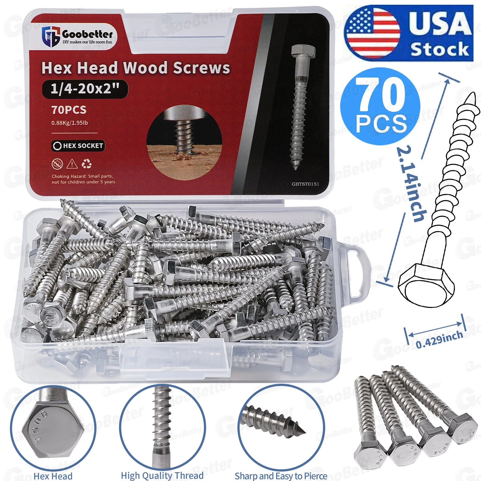 70PCS Hex Head 1/4-20x2" Lag Bolts Stainless Steel Wood Screws Hex Head Screws