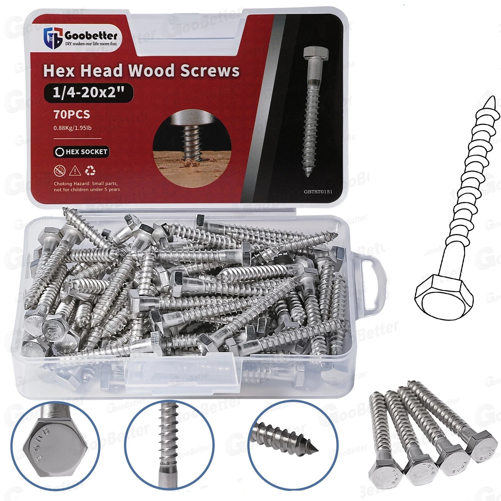 1/4-20 x 2" Stainless Steel Lag Bolts Hex Head Wood Screws – 70 Pack