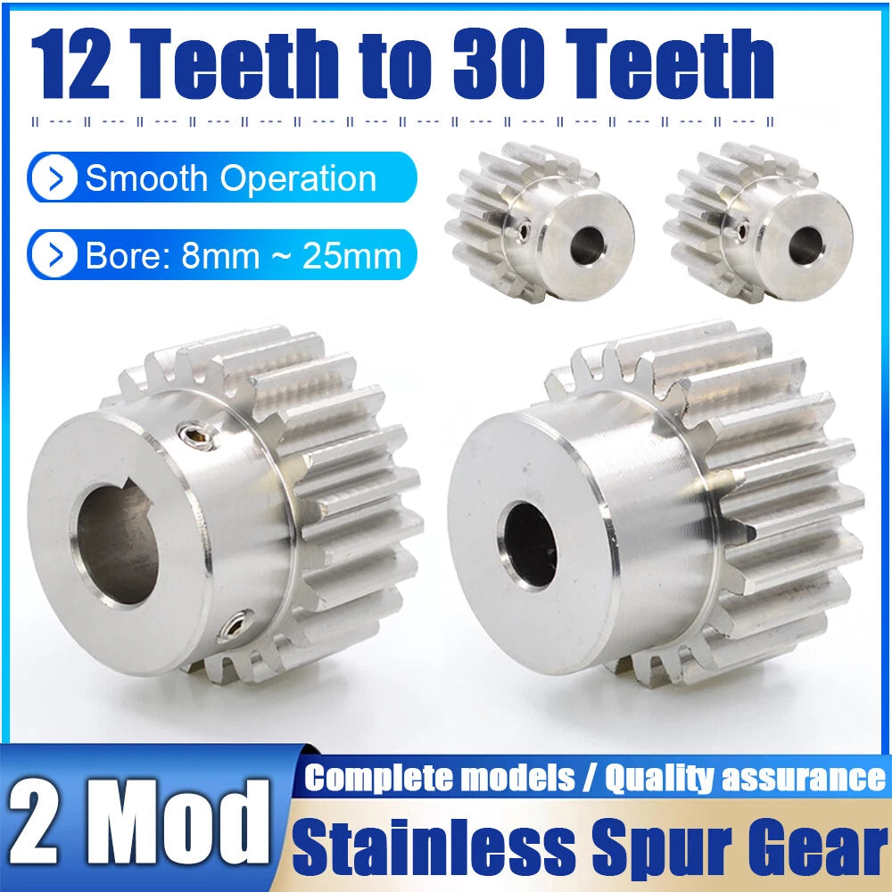 2 Module 12~30 Teeth, 8mm-25mm Bore Stainless Spur Gear, Drive Gearbox With Hub