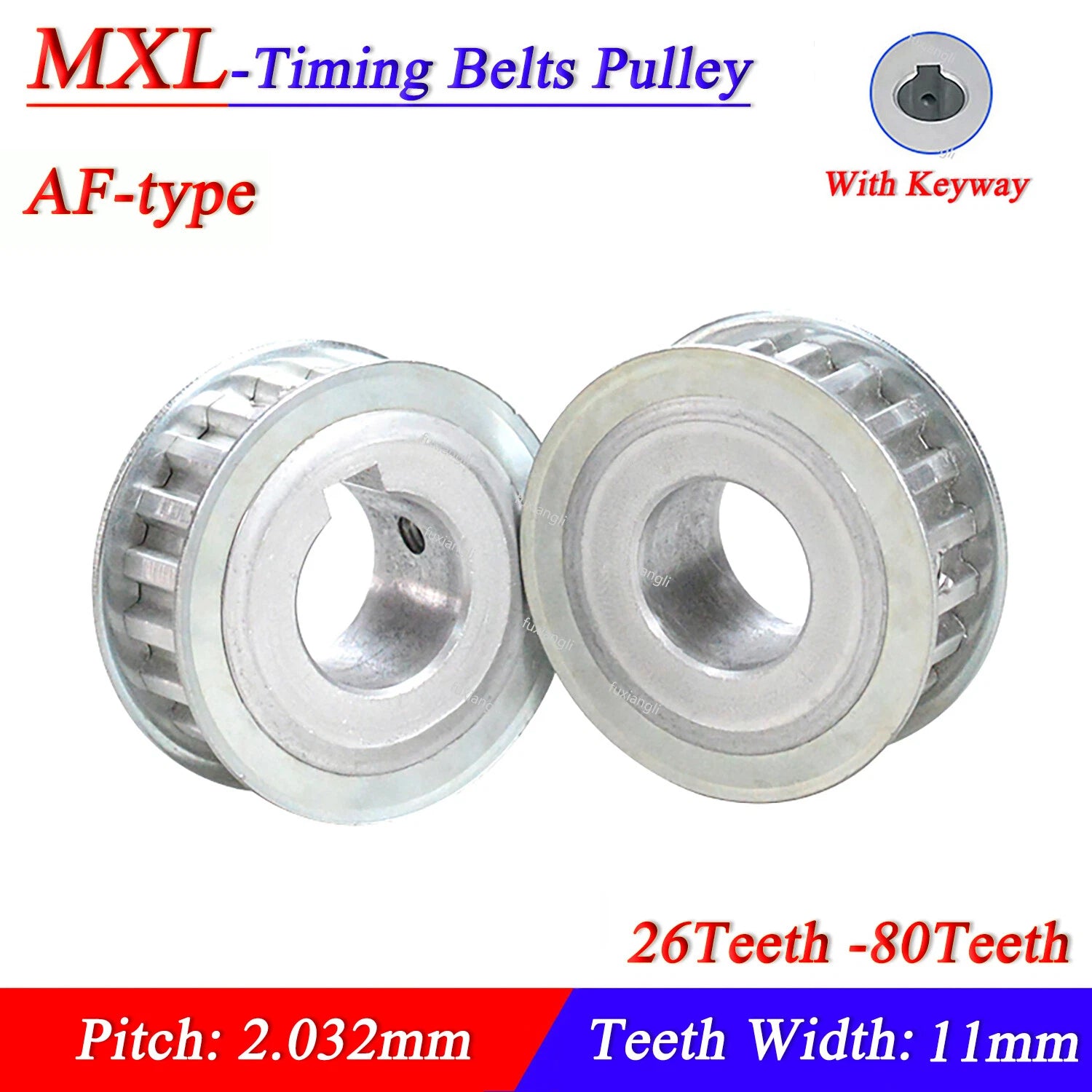 MXL 26-80Teeth Timing Belt Pulleys Pitch 2.032mm AF-type With Keyway Width 11mm