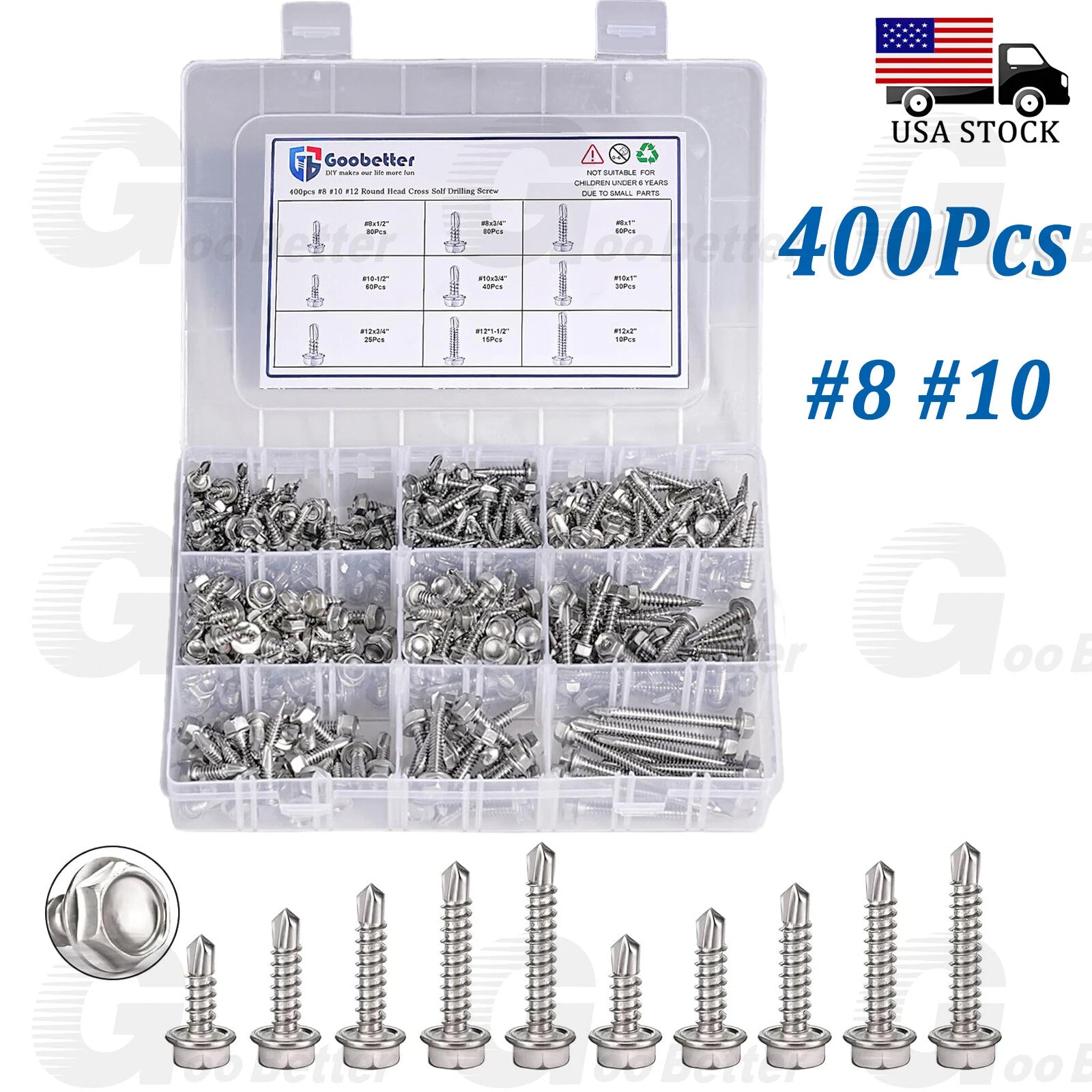 400pc #8 #10 #12 Hex Washer Self-Drilling Tek Screws – 410 Stainless Steel Kit