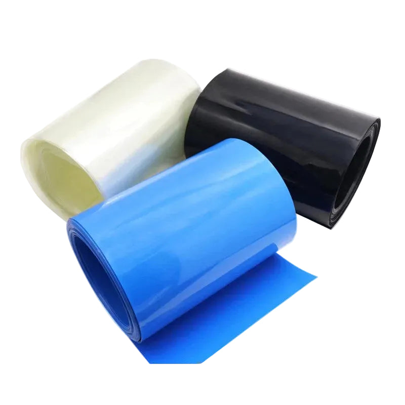 188mm Flat Width PVC Heat Shrink Tubing for Battery Packs — Black, Blue & Clear