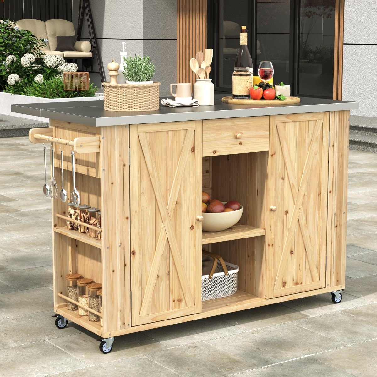 Natural Wood Outdoor Kitchen Island with Stainless Steel Top | Foldable Prep Station - HomeDIYer
