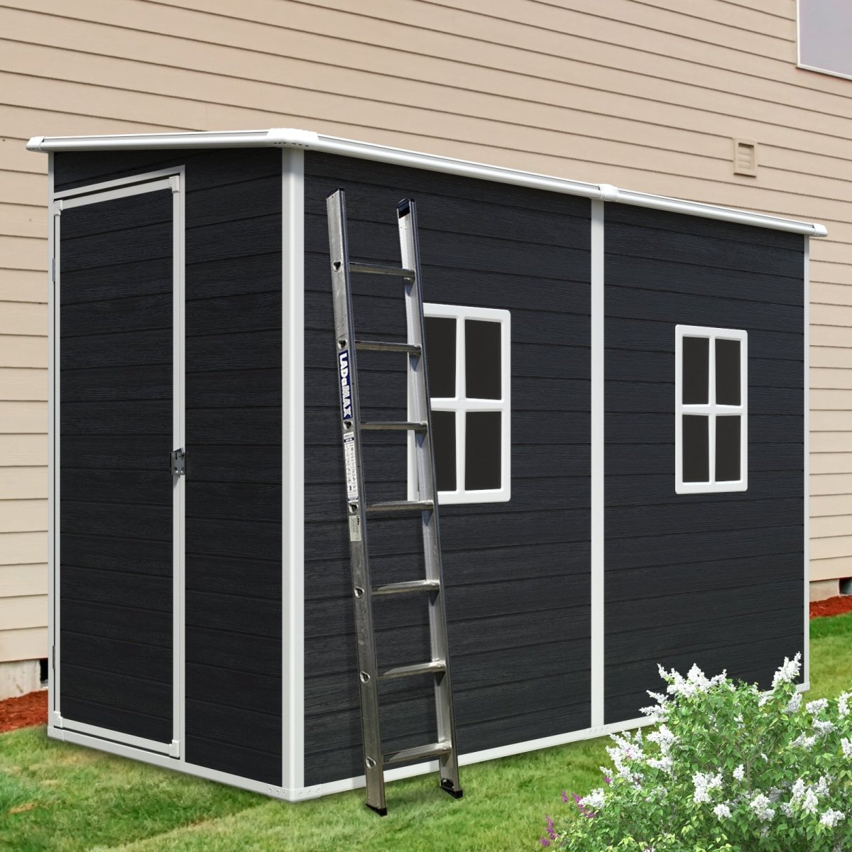 4x8ft Outdoor Storage Shed with Floor Resin shed with Two - Window, Waterproof ,Lockable Doors for Patio,Yard,Lawn - Black - HomeDIYer
