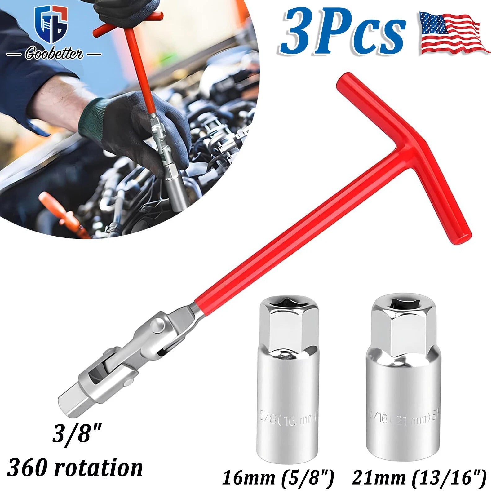 3Pc Spark Plug Socket Wrench T-Handle 5/8" & 13/16" Spark Plug Remover Installer