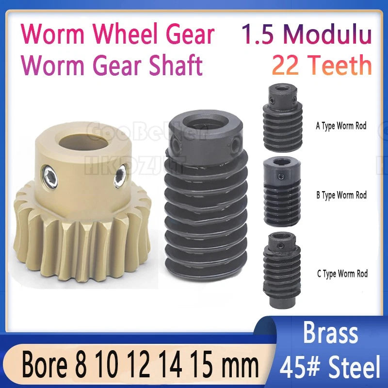 Mod 1.5 Worm Gear Wheel Brass 22 Tooth Worm Shaft Steel C45 Bore 8 mm - 15 mm