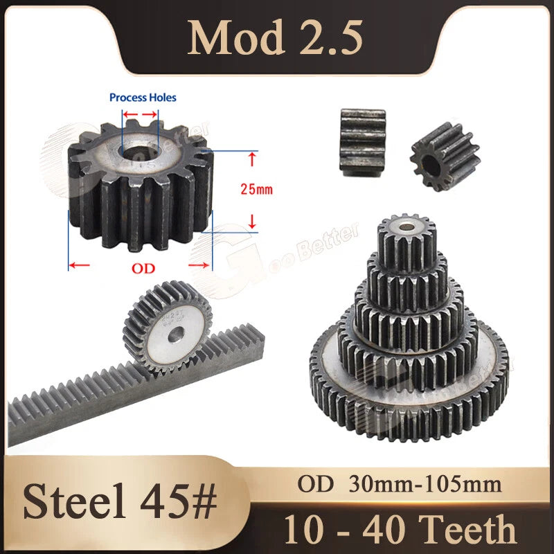 Mod 2.5 Steel Spur Gear Pinion Gear 10-40 Teeth 30-105mm OD Motor Flat Gears
