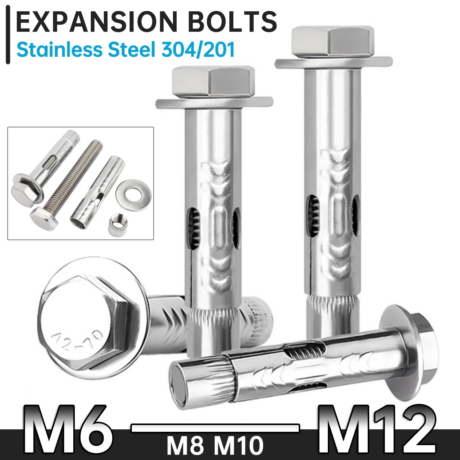 Stainless Steel Expansion Bolts for Masonry — M6 M8 M10 M12 Wall Anchor Screws