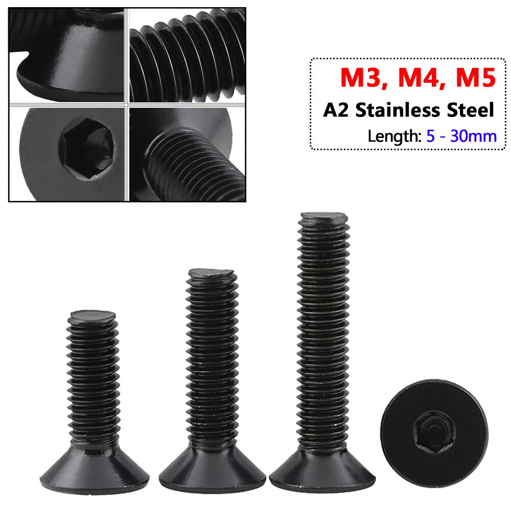 M3–M5 Black Hex Socket Countersunk Screws – A2 Stainless Steel, Electrophoresis Black, Fully Threaded (5–30mm Overall Length)