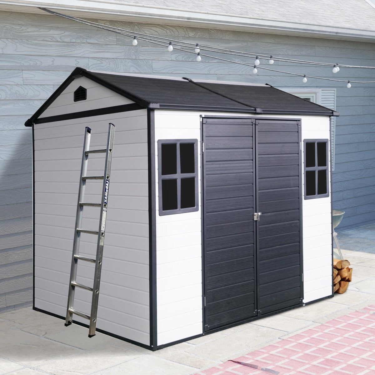 8 x 6 ft Resin Outdoor Storage Shed Waterproof Shed with Floor & Two Windows & Lockable Door, Tool Shed for Garden, Patio, Backyard,Grey White - HomeDIYer