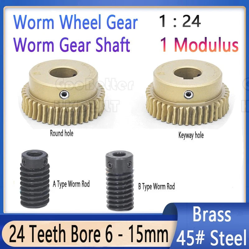 1 Modulus 24 Teeth Brass Worm Wheel Gear Pitch 3.14mm Transmission Gear,Worm Rod