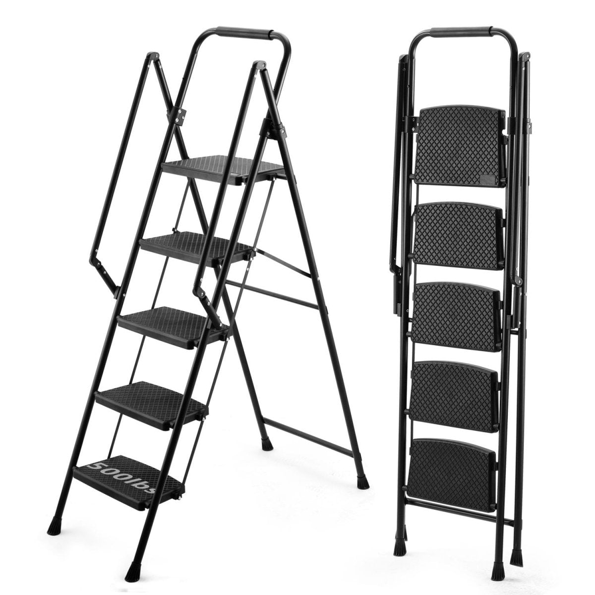 5 - step ladder, folding ladder stool, with anti slip wide pedals, steel ladder, with safety anti slip handle, lightweight 300 pound portable steel ladder stool in black - HomeDIYer