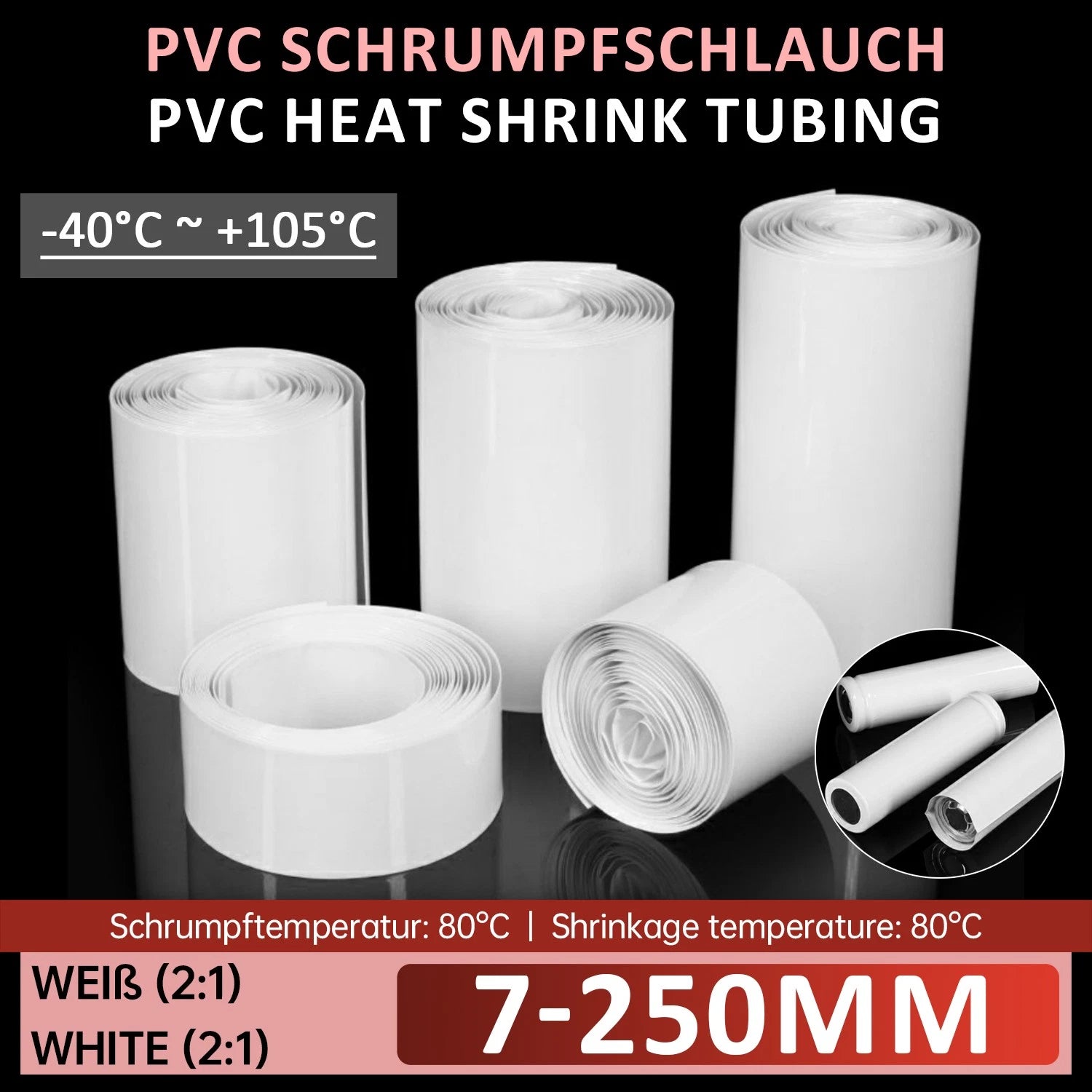 PVC Heat Shrink Tubing for RC & 18650 Battery Packs — 7mm to 250mm Wide, 1m–10m