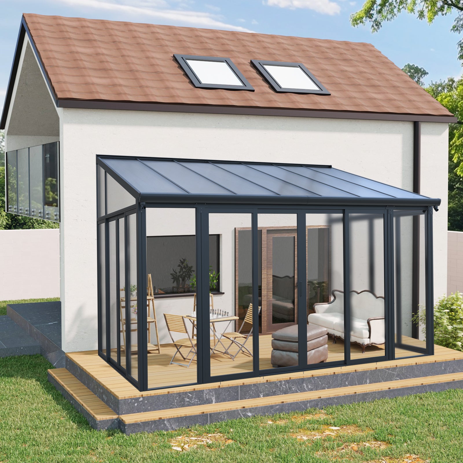 10×14 ft Enclosed Patio Cover with 3 Lockable Sliding Doors, All Season Sunroom with aluminum alloy frame ,Polycarbonate Roof and transparent solid PC endurance panel wall system for Garden Patio Deck