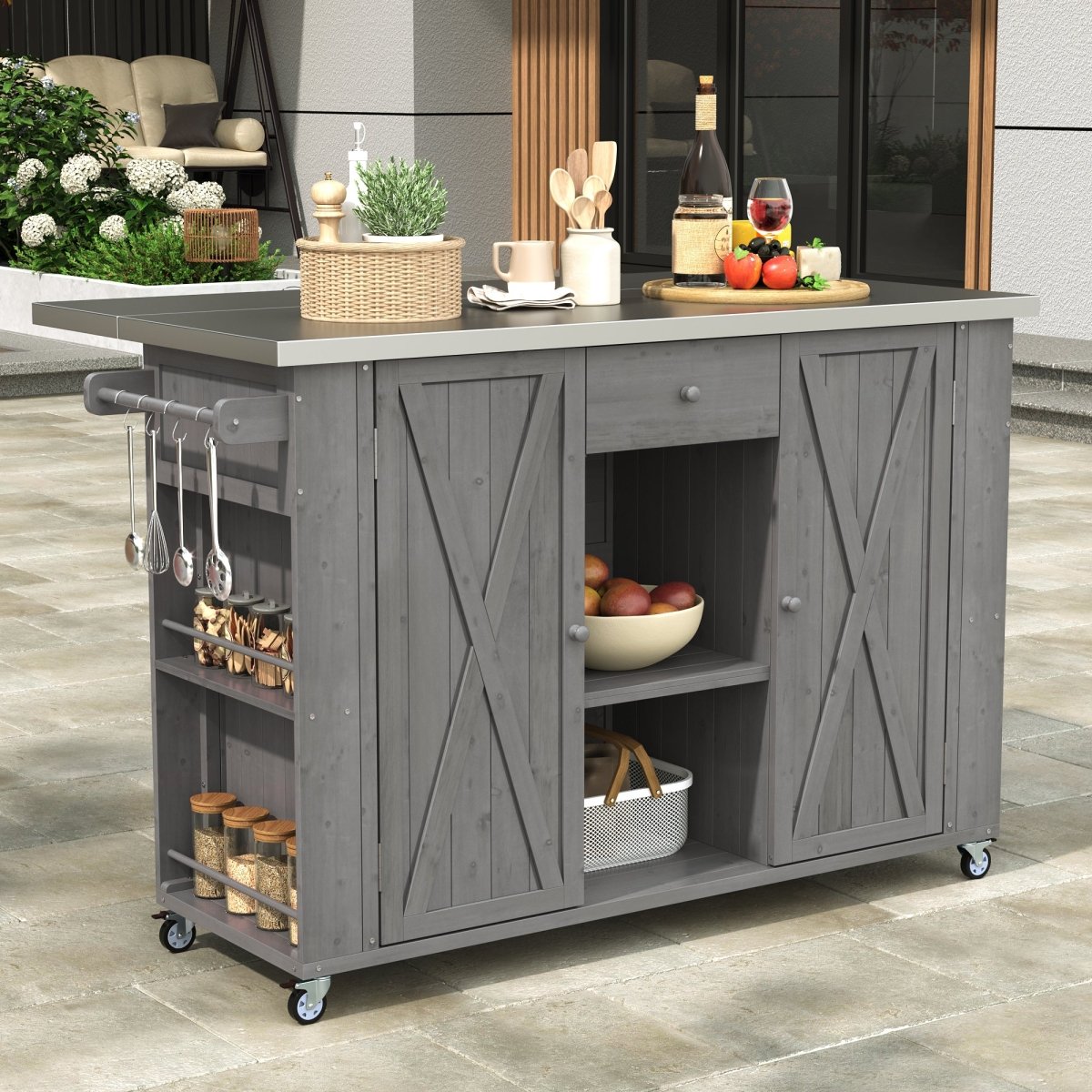 Grey Outdoor Kitchen Island with Stainless Steel Top | Foldable Fir Wood Prep Station - HomeDIYer