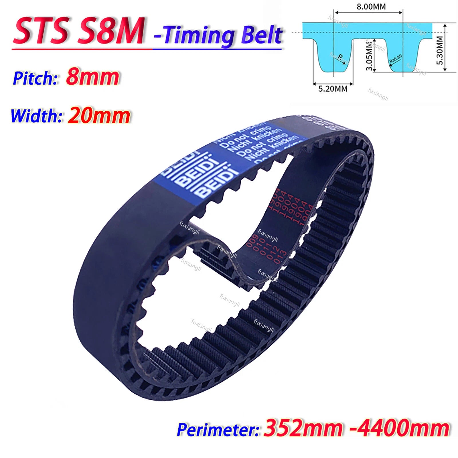 S8M Timing Belt 8mm Pitch 20mm Wide Closed Loop Rubber CNC Synchronous Belt