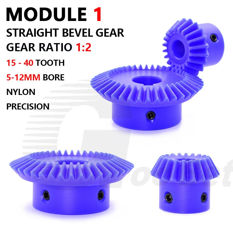 Straight Bevel Gear Module 1 90° 1:2 Pairing 15-40 Tooth 5-12mm Bore Nylon Blue