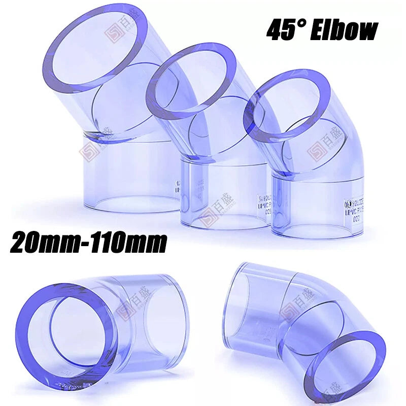 UPVC Clear 45° Elbow Plumbing Pipe Fittings For Aquarium & Fish Tank 20mm-110mm