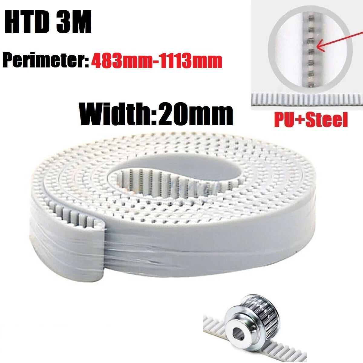 HTD 3M Closed Loop Timing Belt – 20mm Wide, PU + Steel, 3mm Pitch